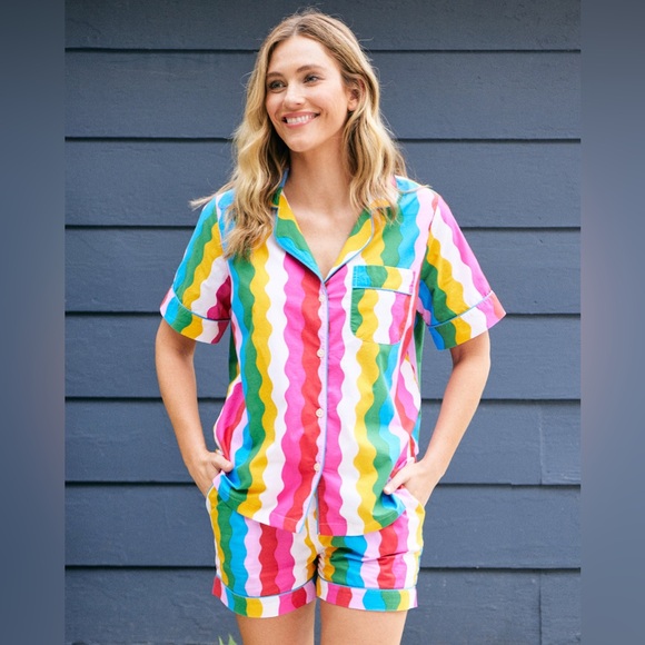 Print Fresh Top And Short Set Womens Pajamas Daily Disco Rainbow Print Small - Picture 1 of 9